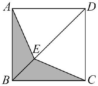 正方形 ABCD:A 在左上角、D 在右上角、B 在左下角、C 在右下角。对角线 BD 从左下到右上画出。点 E 在对角线 BD 上、靠近 B 的一侧。阴影机翼状区域由 △ABE 和 △CBE 两个三角形拼成,共享公共边 BE。